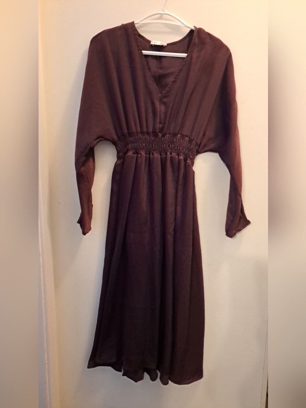 Dex Long Sleeve V‑Neck Smocked Waist Dress in Deep Brown